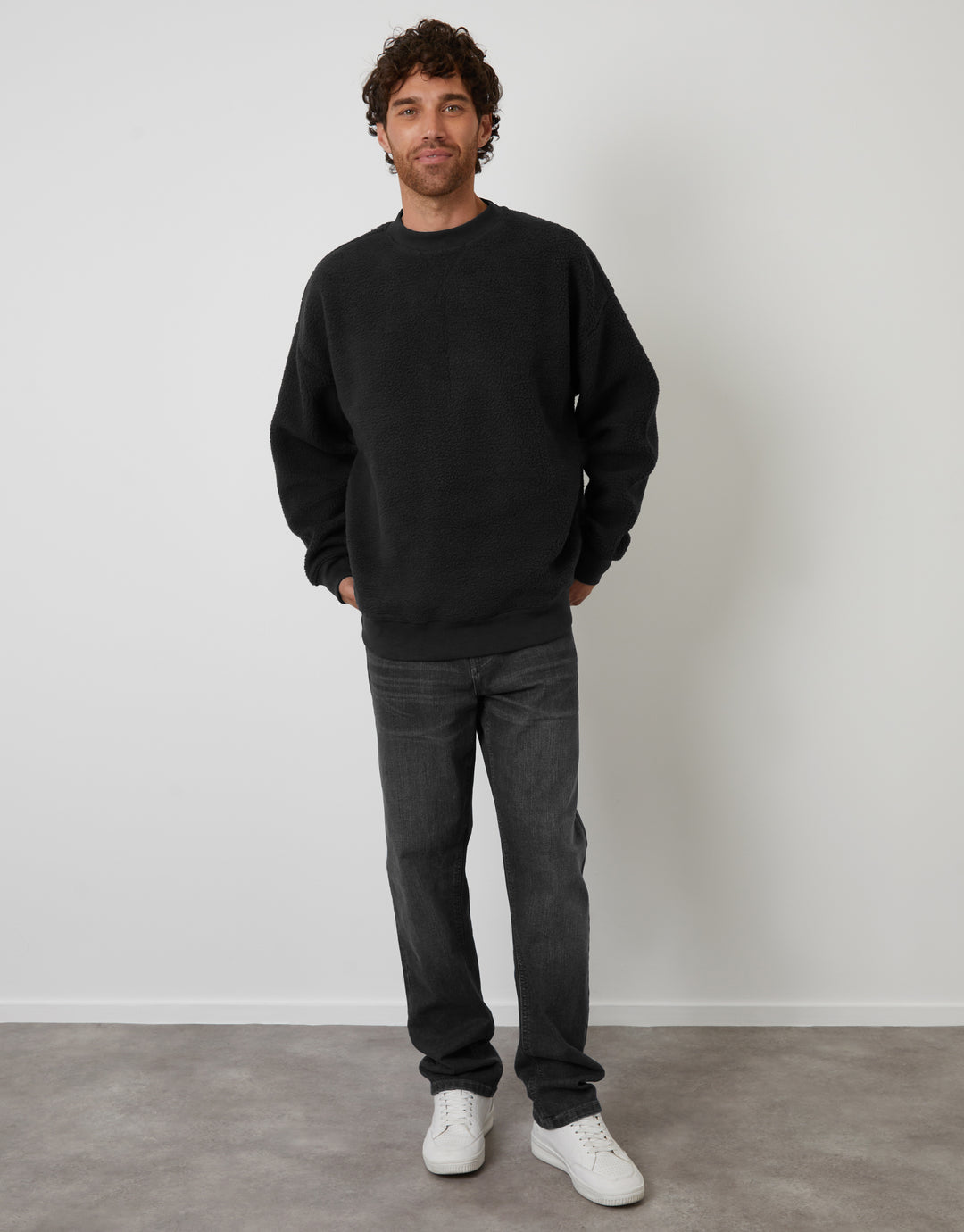 Black Relaxed Fit Crew Neck Borg Sweatshirt