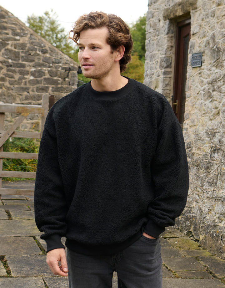 Black Relaxed Fit Crew Neck Borg Sweatshirt