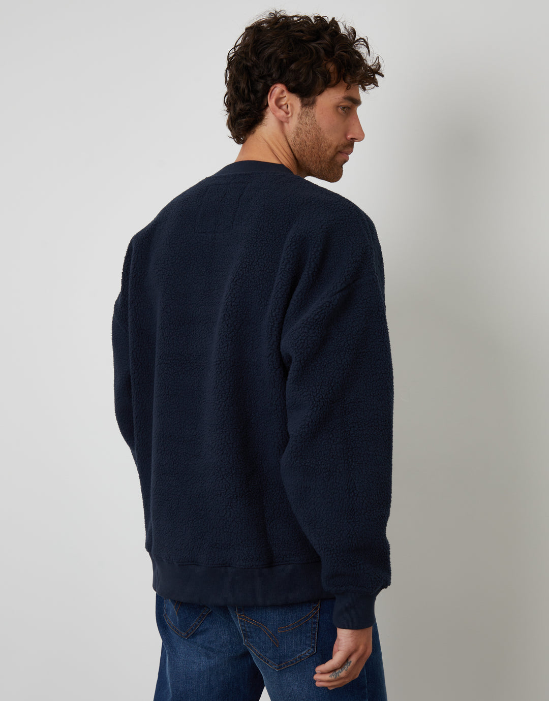 Navy Relaxed Fit Crew Neck Borg Sweatshirt