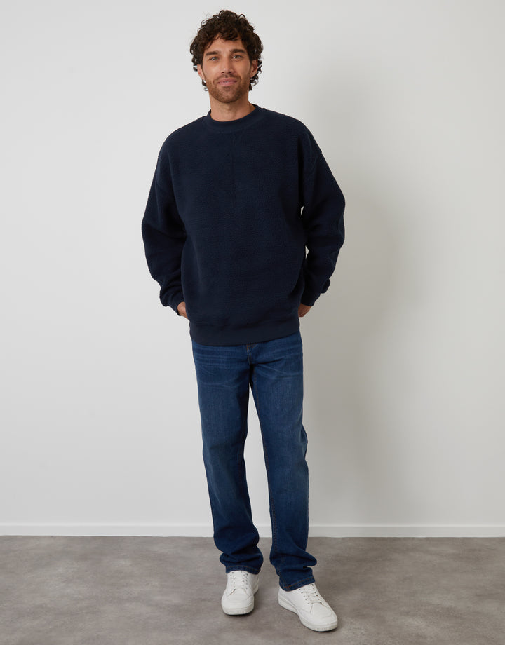 Navy Relaxed Fit Crew Neck Borg Sweatshirt
