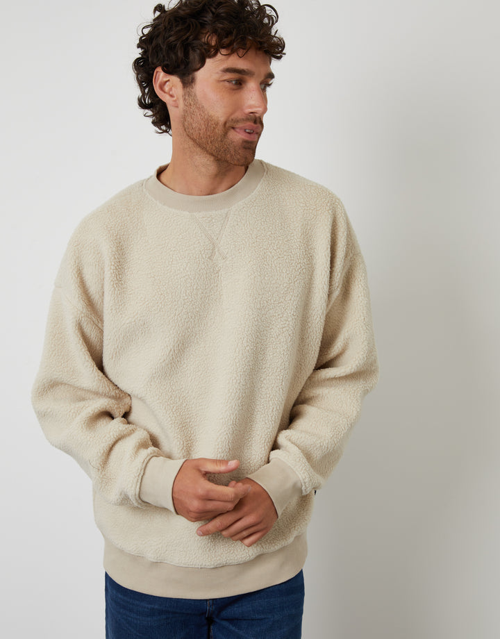 Stone Relaxed Fit Crew Neck Borg Sweatshirt