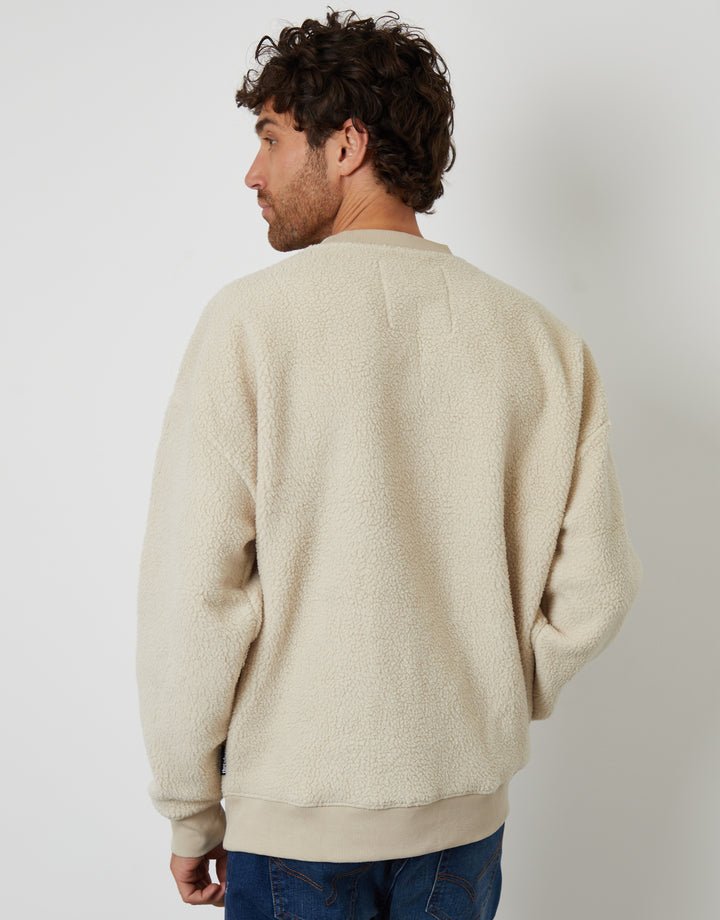 Stone Relaxed Fit Crew Neck Borg Sweatshirt