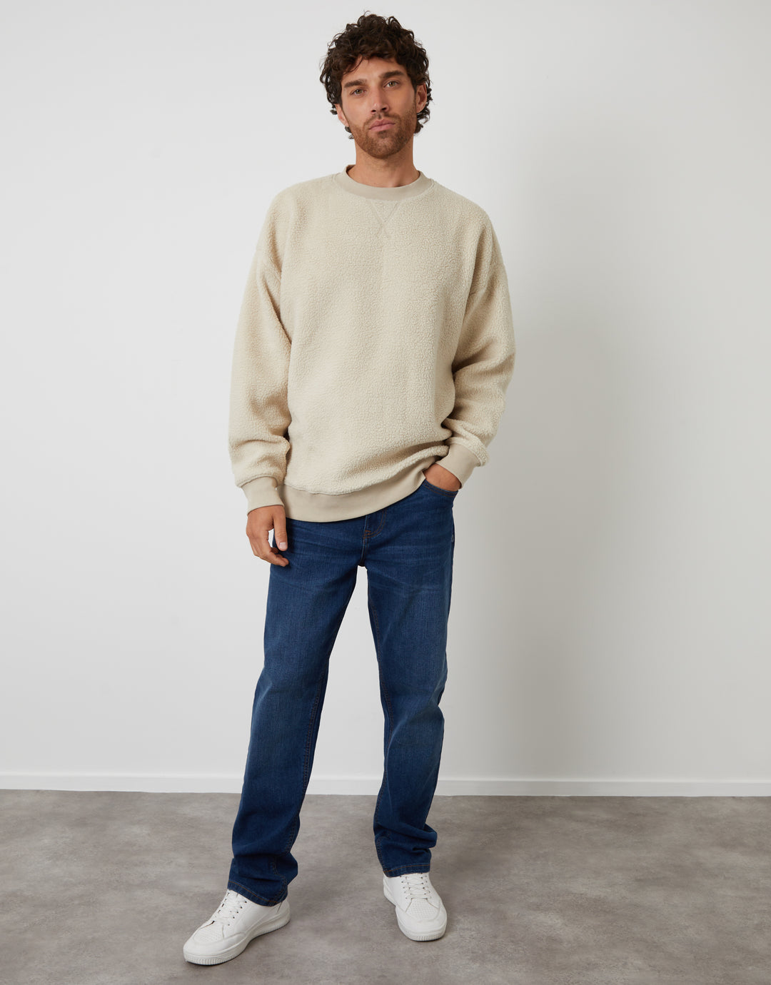Stone Relaxed Fit Crew Neck Borg Sweatshirt