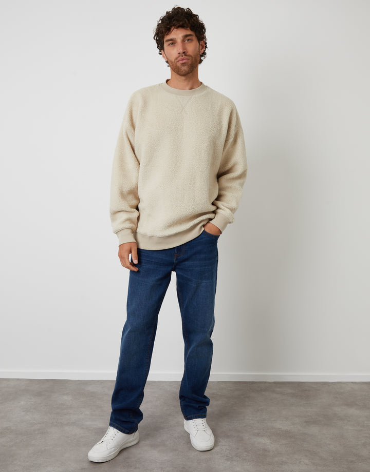 Stone Relaxed Fit Crew Neck Borg Sweatshirt