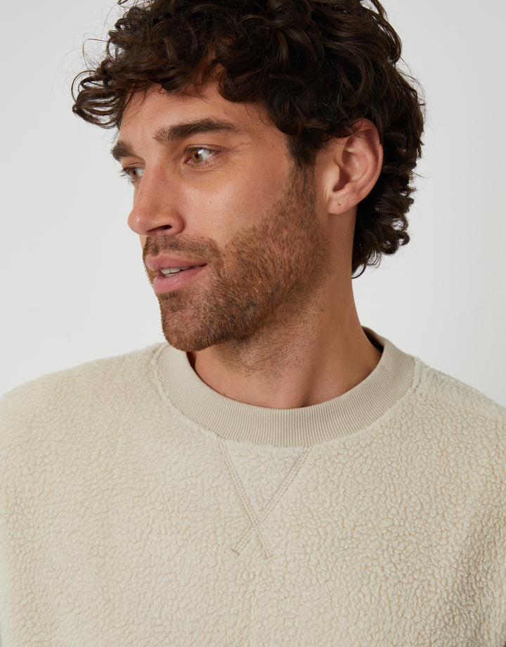 Stone Relaxed Fit Crew Neck Borg Sweatshirt