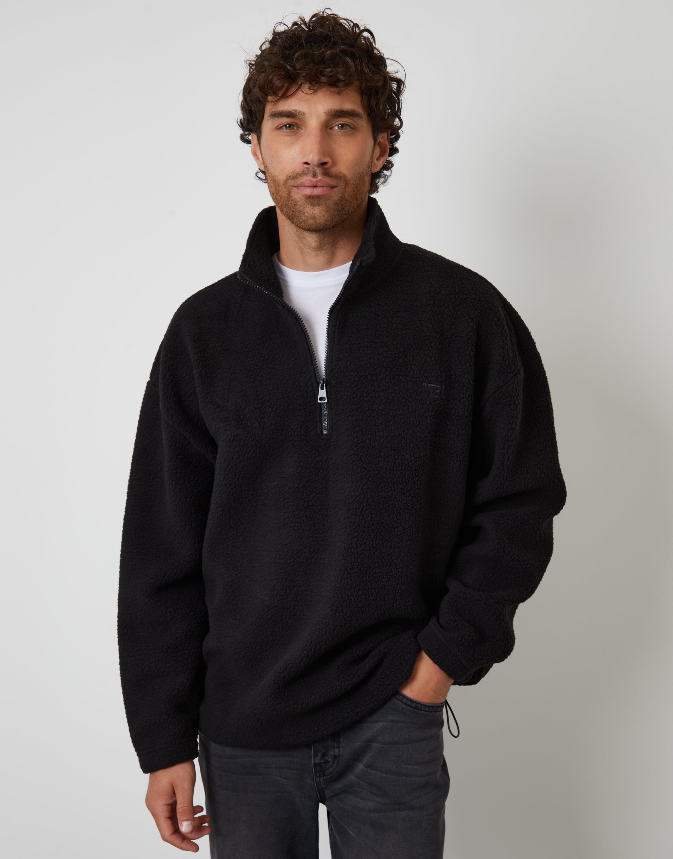 Threadbare Men's Black Relaxed Fit Quarter Zip Borg Sweatshirt