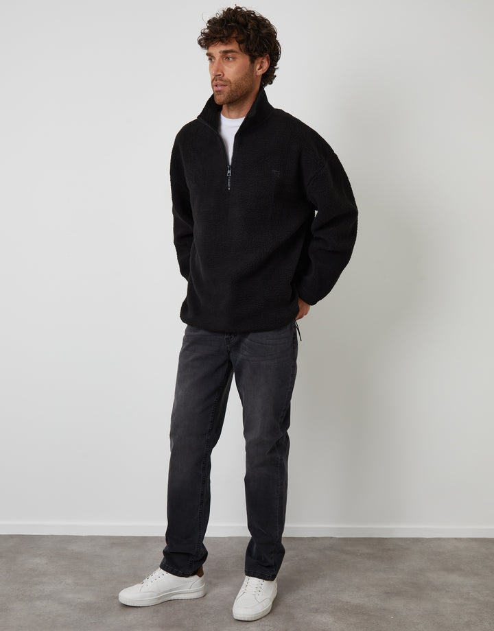 Black Relaxed Fit Quarter Zip Borg Sweatshirt