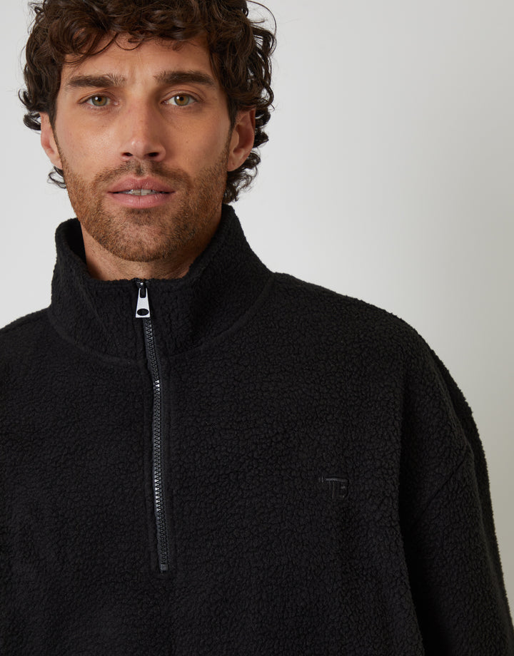 Black Relaxed Fit Quarter Zip Borg Sweatshirt