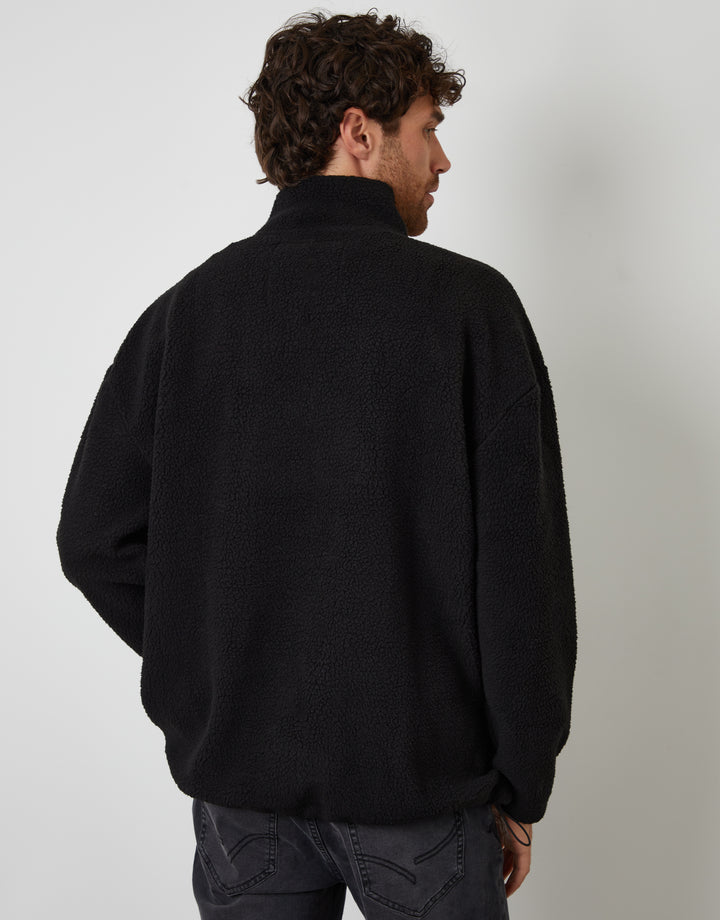 Black Relaxed Fit Quarter Zip Borg Sweatshirt