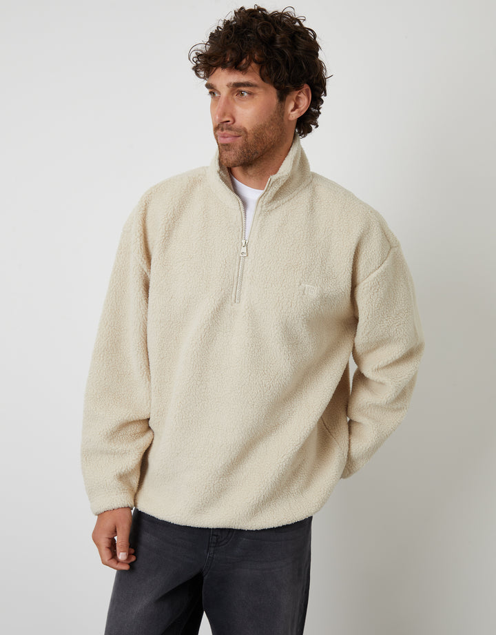 Stone Relaxed Fit Quarter Zip Borg Sweatshirt