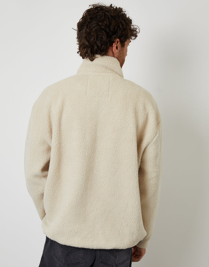 Stone Relaxed Fit Quarter Zip Borg Sweatshirt