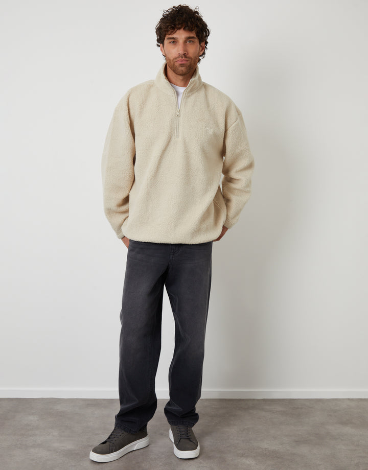 Stone Relaxed Fit Quarter Zip Borg Sweatshirt
