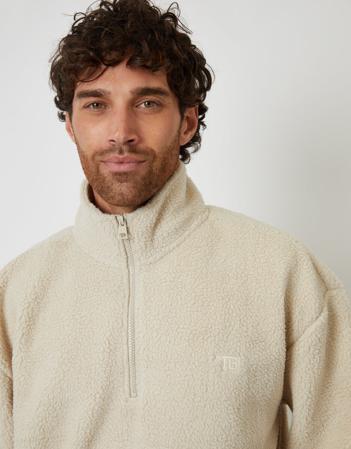 Stone Relaxed Fit Quarter Zip Borg Sweatshirt