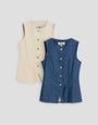 Threadbare 2 Pack Denim Tie Back Waistcoats in Ecru & Mid Wash - 2-pack flat lay