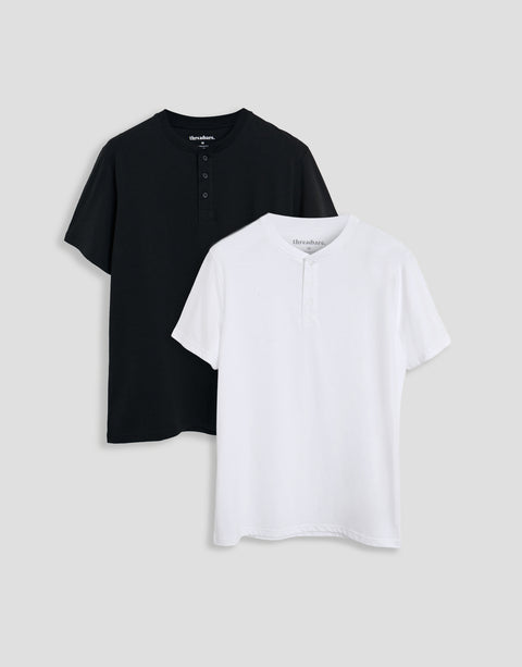 Threadbare Cotton Grandad Collar T-Shirts in Black & White - 2-pack flat lay