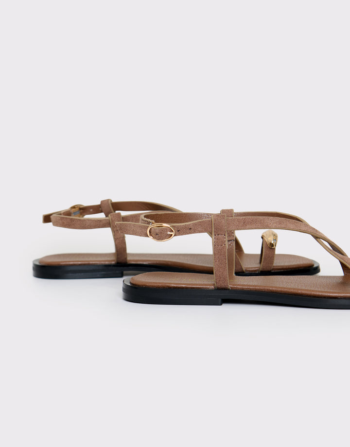 Threadbare Cross Strap Toe Loop Sandals in Mink Brown - side back view