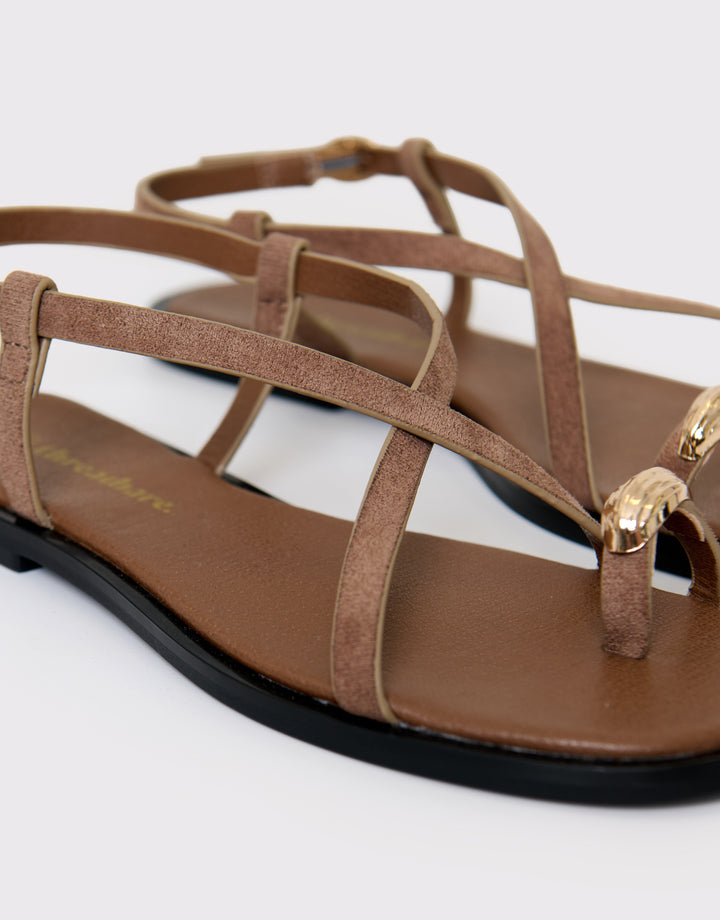 Threadbare Cross Strap Toe Loop Sandals in Mink Brown - detail view