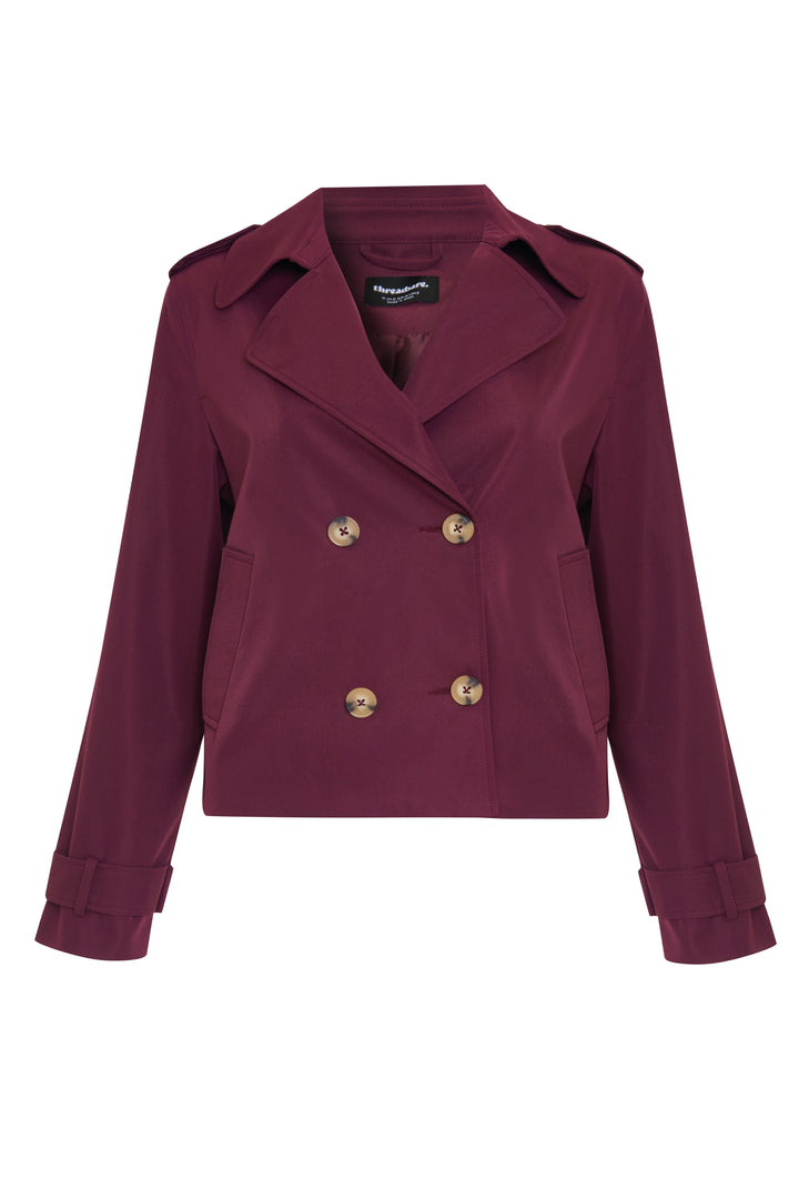 Berry Red Double Breasted Cropped Trench Coat