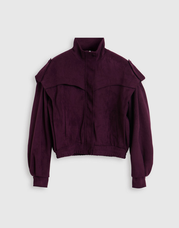 Faux Suede Cape Shoulder Bomber Jacket in Plum