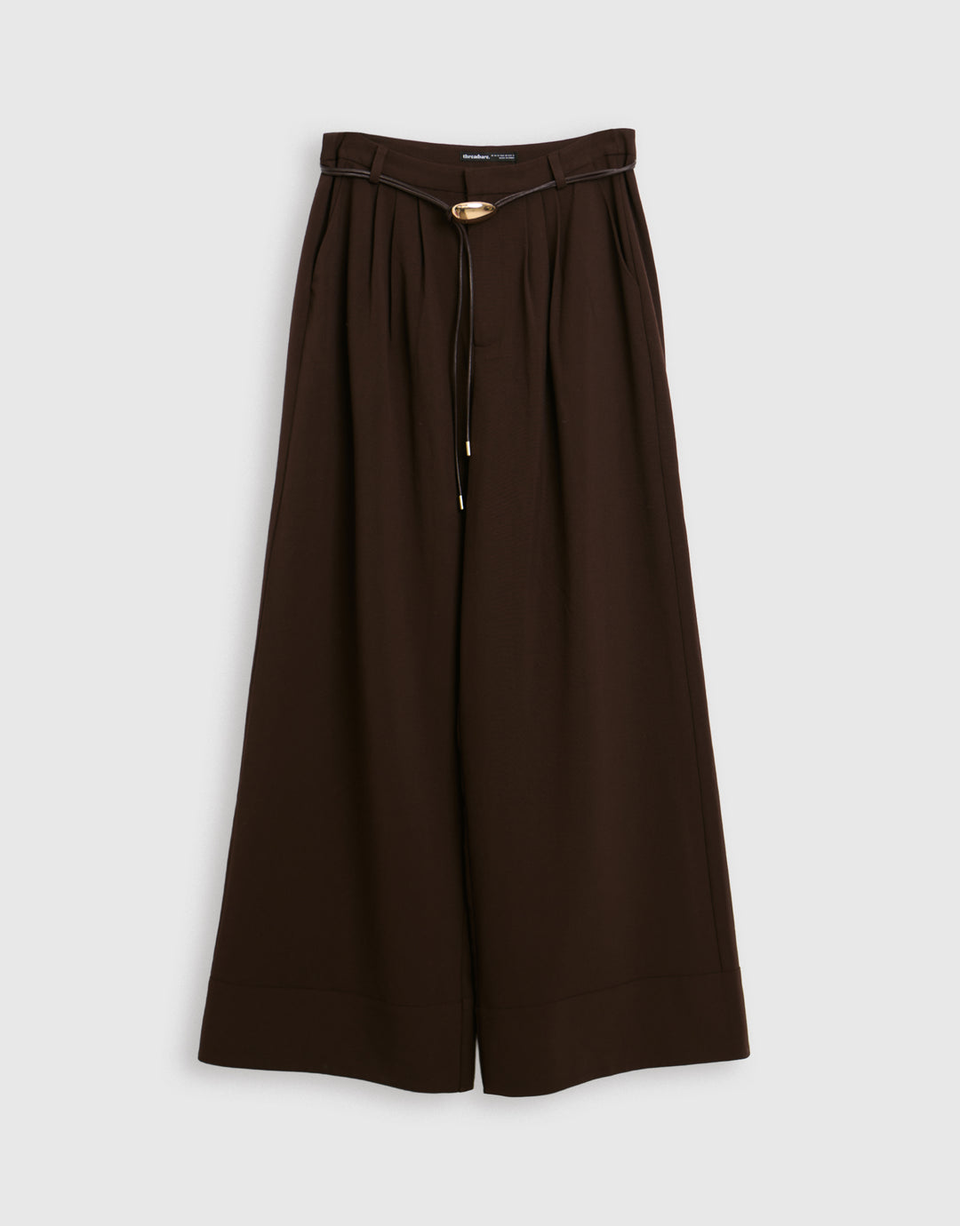 Pleated Wide Leg Trousers with Faux Leather Belt in Brown