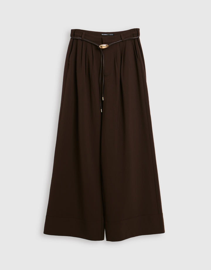 Pleated Wide Leg Trousers with Faux Leather Belt in Brown