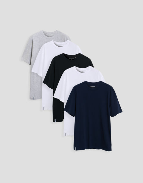 Threadbare 5 Pack Cotton Crew Neck T-Shirts in Grey Marl, White, Black & Navy - flat shot