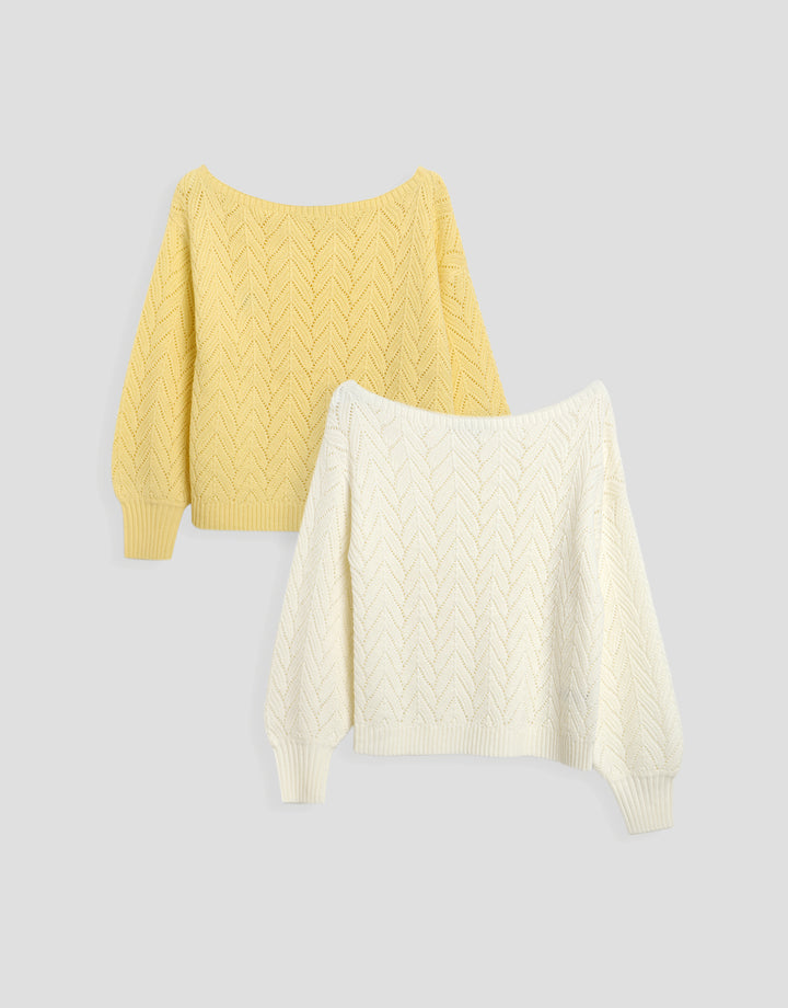 Threadbare 2 Pack Pointelle Knit Slash Neck Jumpers in Cream & Yellow - flat lay