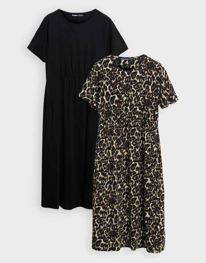 Leopard & Black Jersey Midi Smock Dresses with Pockets (2 Pack)
