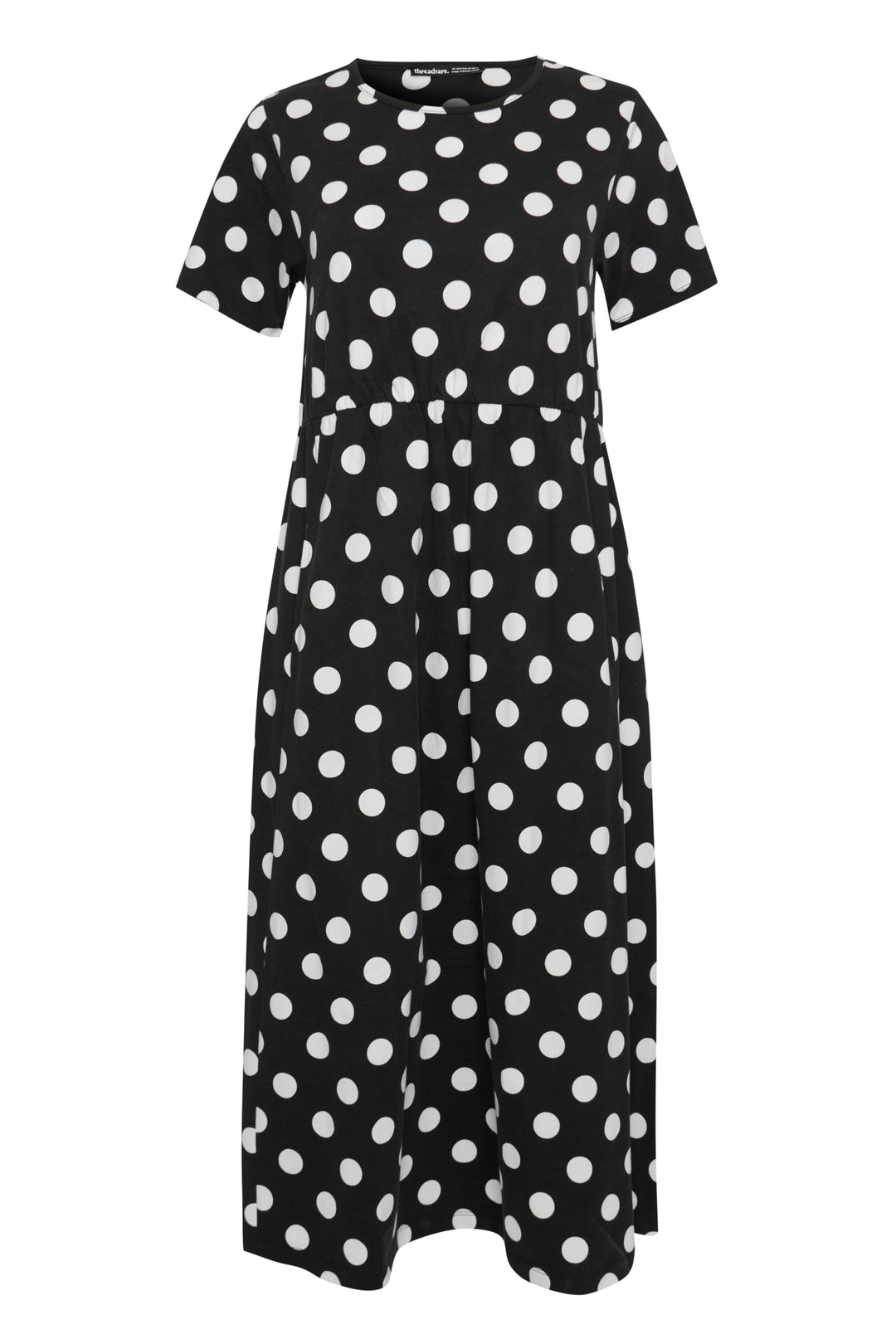 Threadbare Jersey Midi Smock Dress with Pockets in Black Polka Dot - flat lay