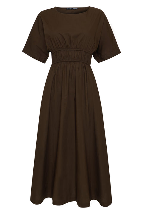 Threadbare Elasticated Waist Cotton Poplin Midi Dress in Chocolate Brown - flat lay