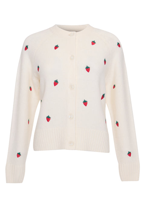 Threadbare Strawberry Embroidery Crew Neck Cardigan in Cream - flat lay