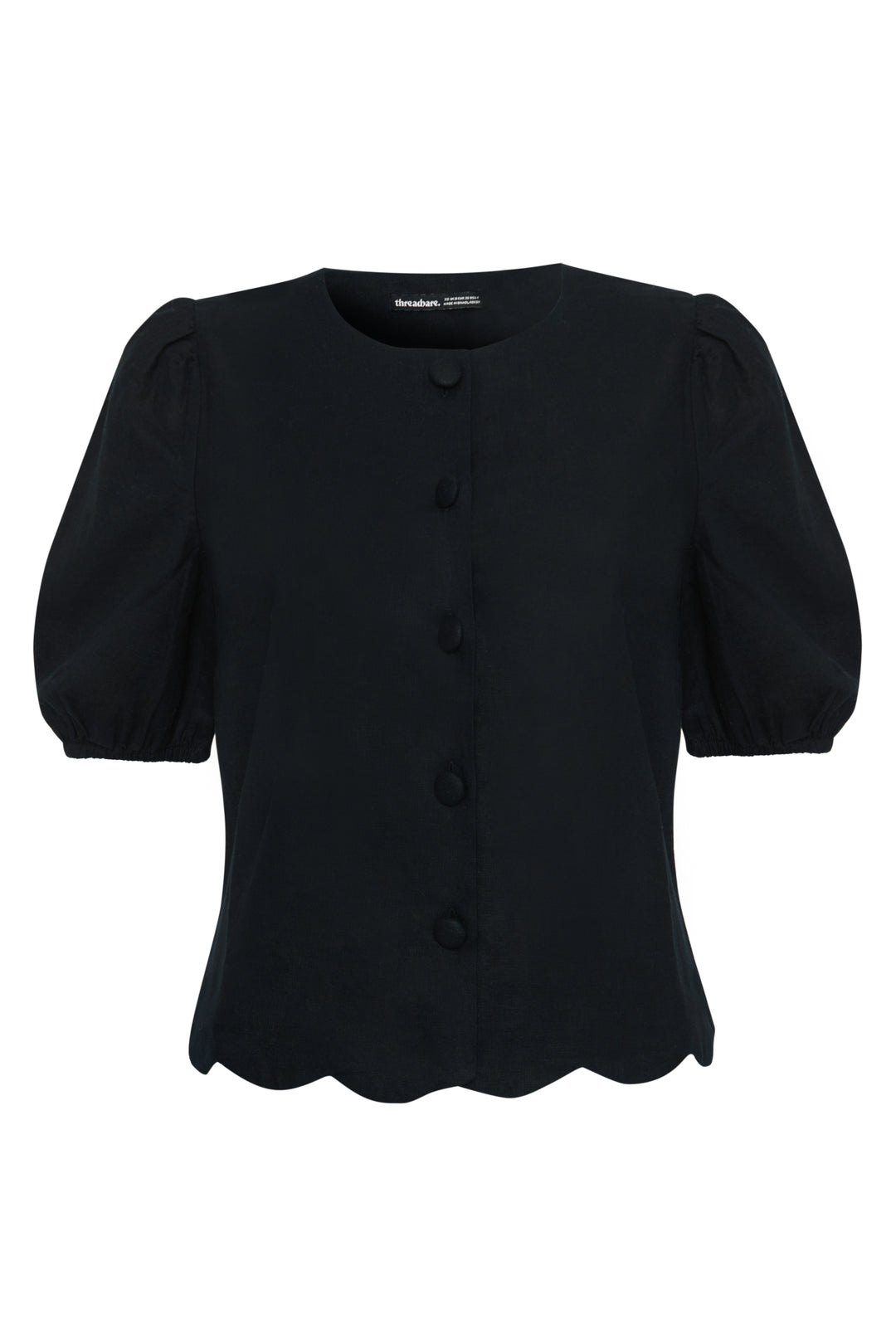 Threadbare Linen Blend Puff Sleeve Top in Black - flat lay