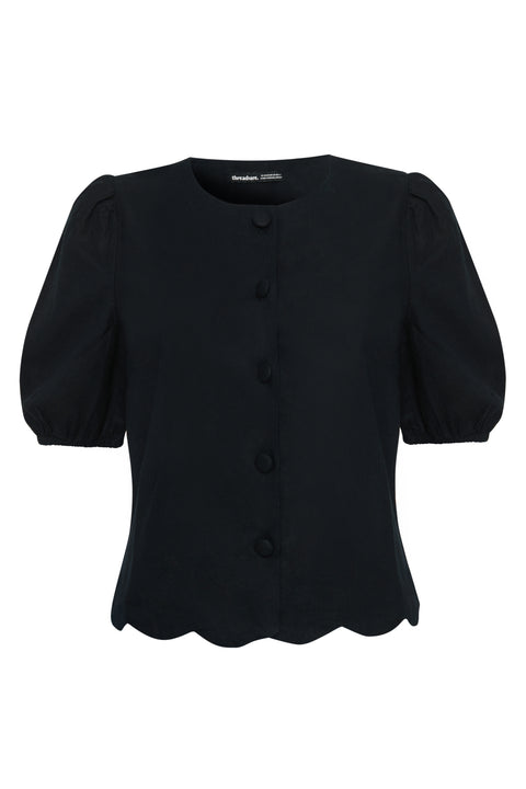 Threadbare Linen Blend Puff Sleeve Top in Black - flat lay