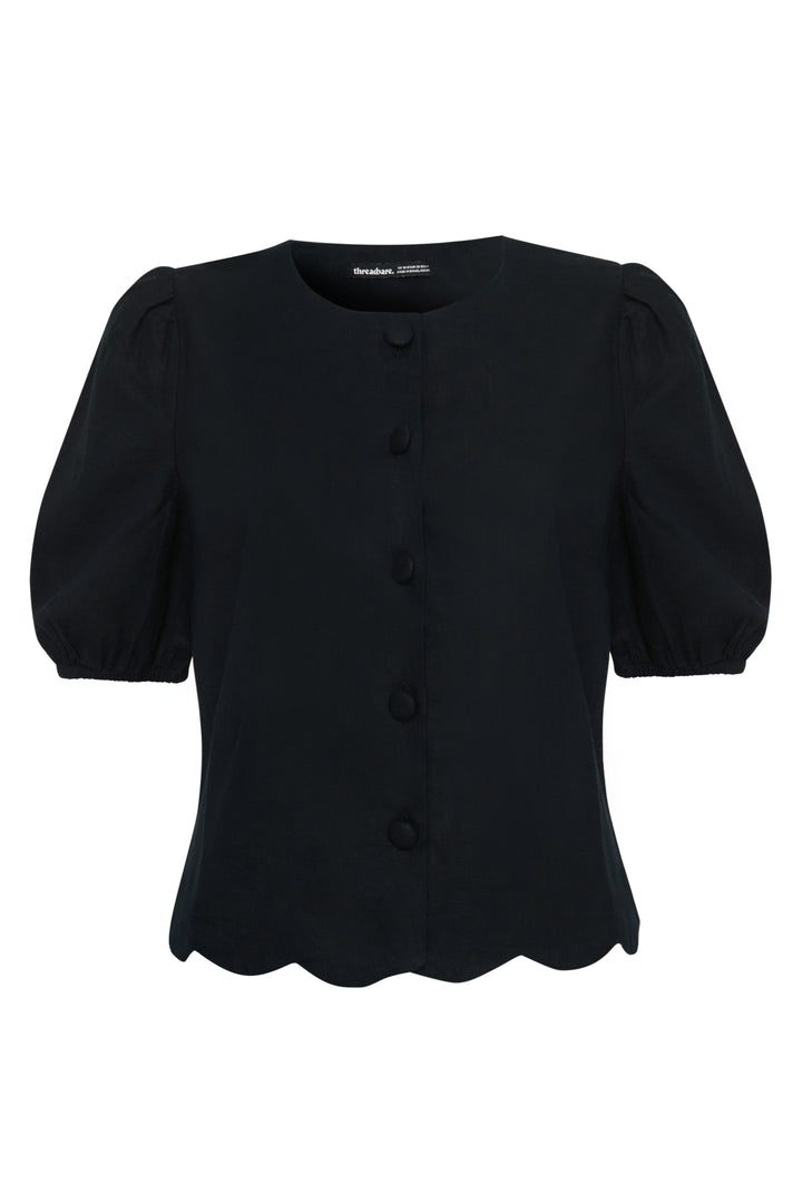Threadbare Linen Blend Puff Sleeve Top in Black - flat lay