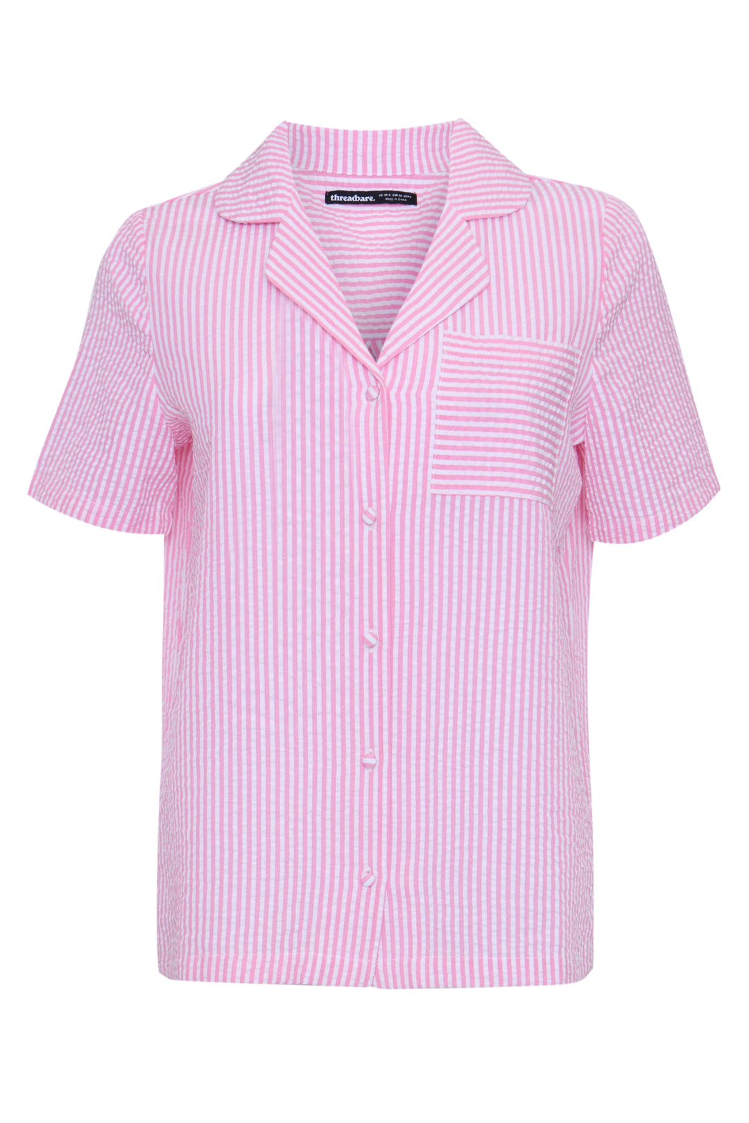 Threadbare Seersucker Button Up Pyjama Top in Pink Stripe - flay lay