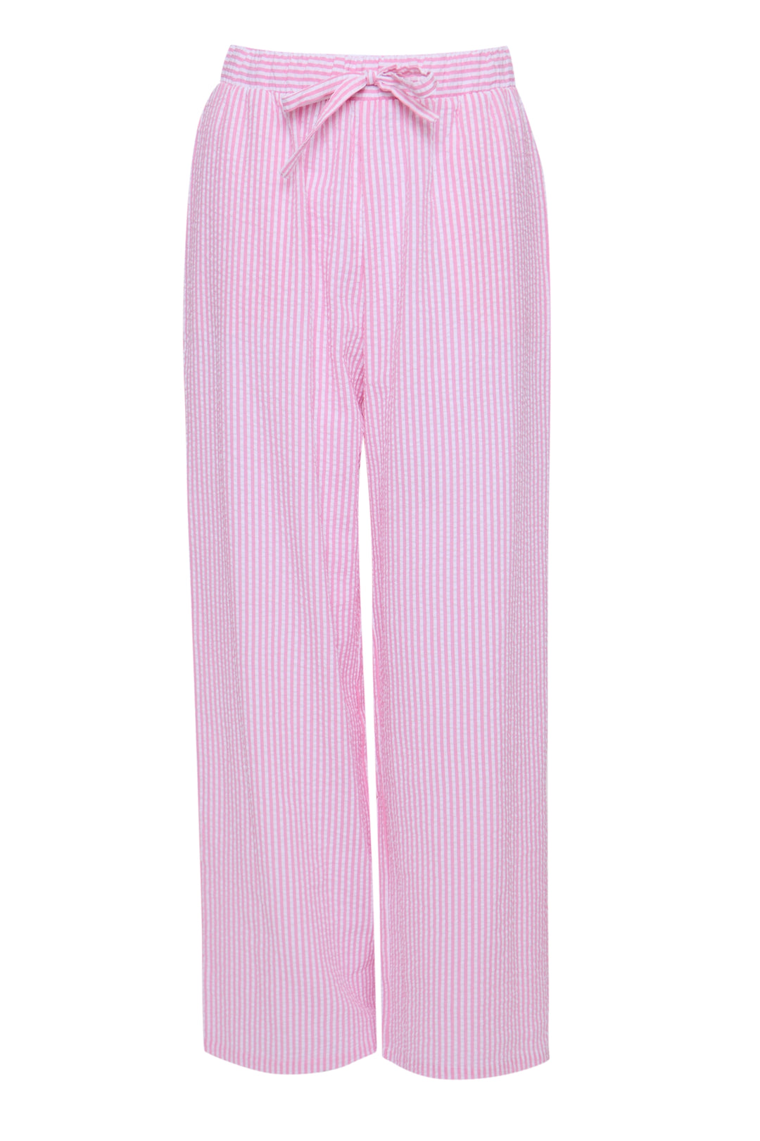 Threadbare Seersucker Button Up Pyjama Bottoms in Pink Stripe - flat lay