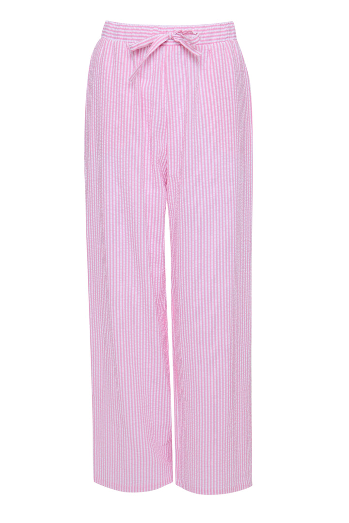 Threadbare Seersucker Button Up Pyjama Bottoms in Pink Stripe - flat lay