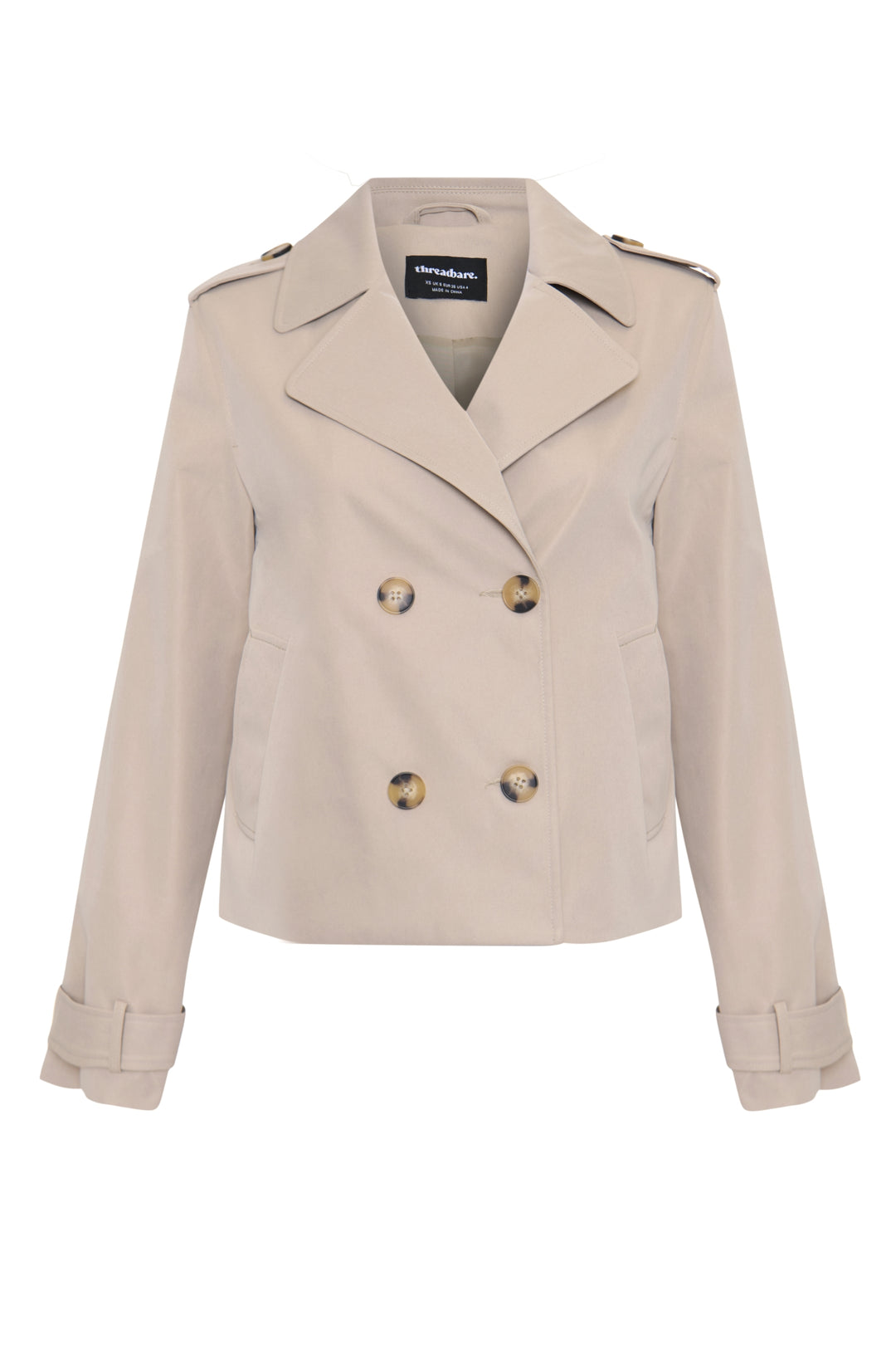 Threadbare Double Breasted Cropped Trench Coat in Stone - flat lay