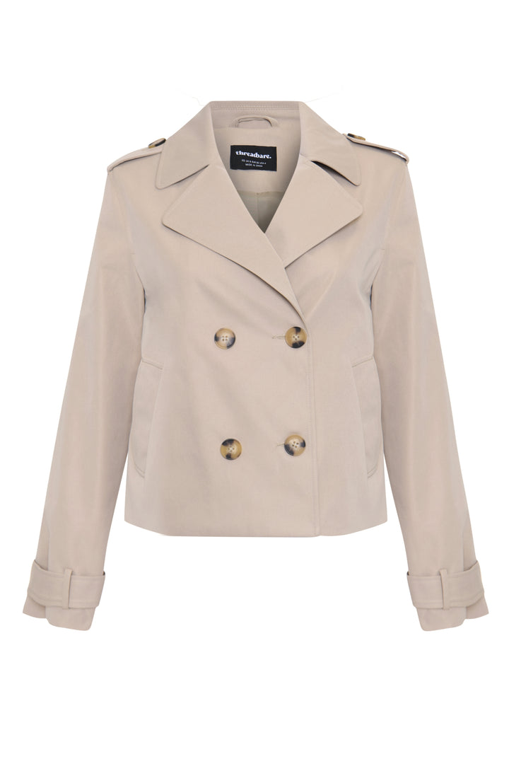 Threadbare Double Breasted Cropped Trench Coat in Stone - flat lay