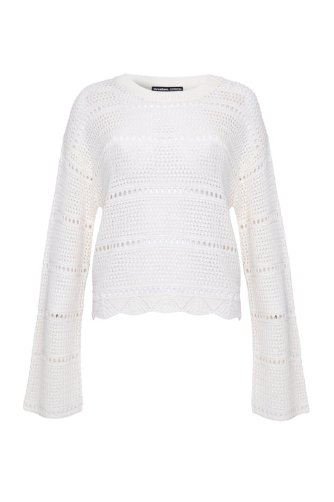 Threadbare Long Sleeve Pointelle Crochet Knit Jumper in Cream - flat lay