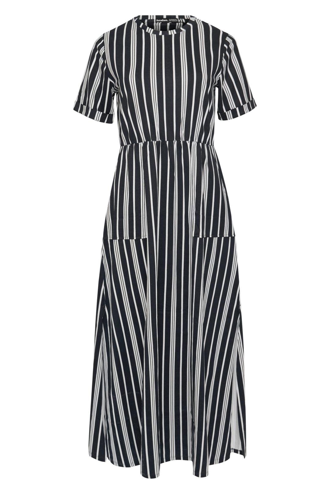 Threadbare Crew Neck Jersey Midi Dress with Patch Pockets in Navy Stripe  - flat lay