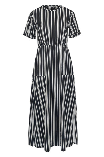 Threadbare Crew Neck Jersey Midi Dress with Patch Pockets in Navy Stripe  - flat lay