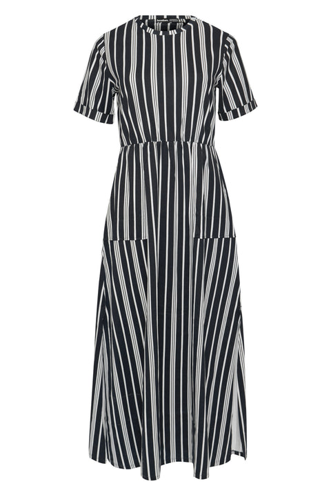 Threadbare Crew Neck Jersey Midi Dress with Patch Pockets in Navy Stripe  - flat lay