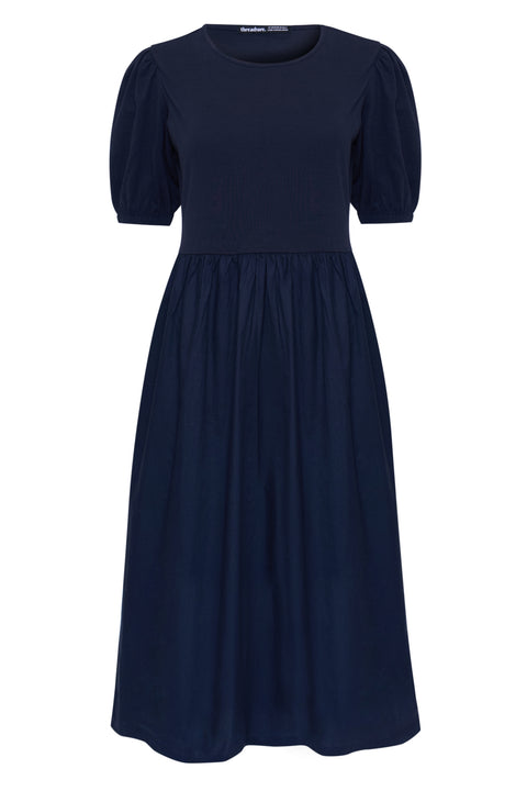 Threadbare Puff Sleeve Jersey Poplin Mix Maxi Dress in Navy - flat lay