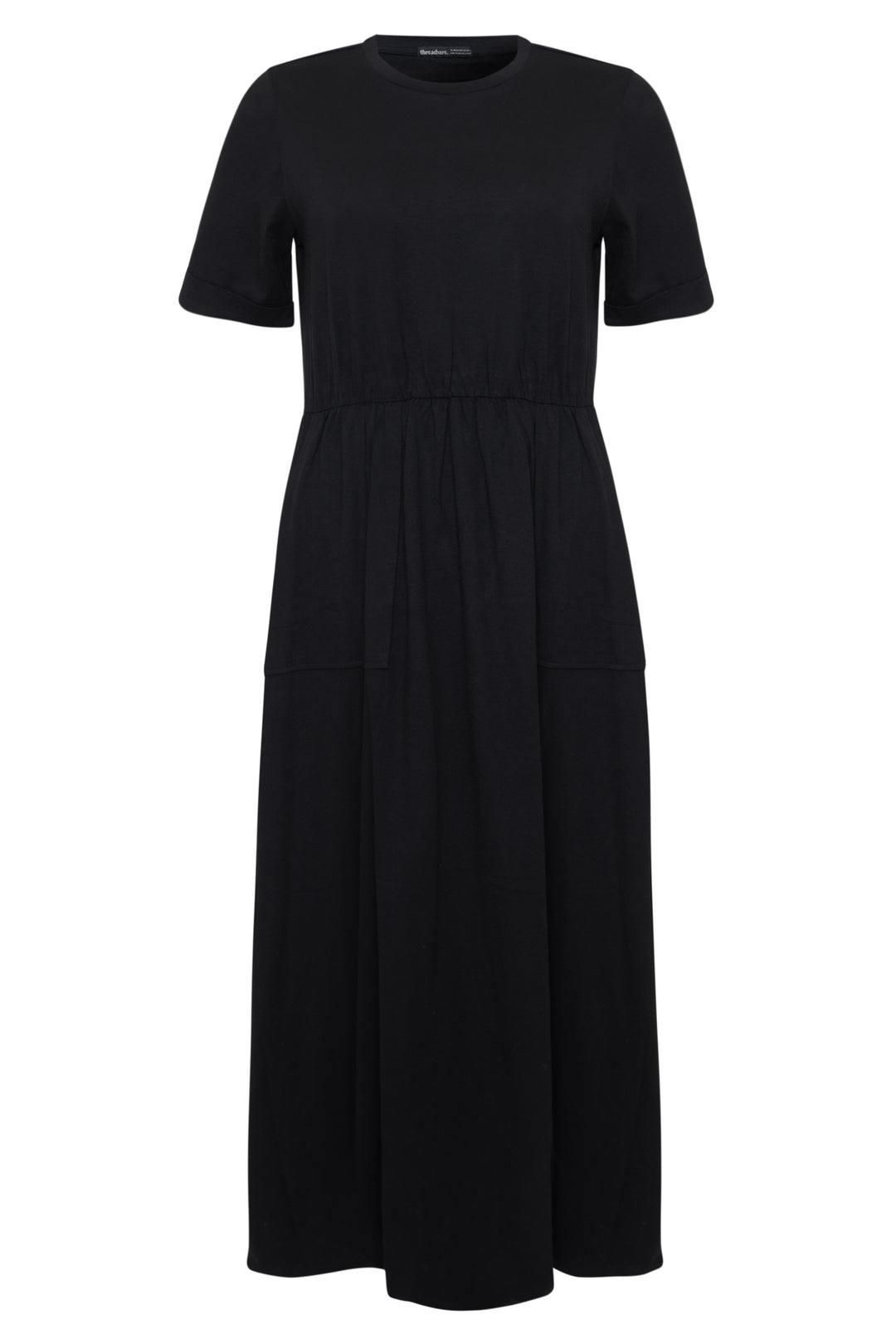 Threadbare Crew Neck Jersey Midi Dress with Patch Pockets in Black - flat lay