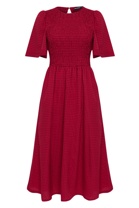 Threadbare Angel Sleeve Midaxi Dress in Red Gingham - flat lay