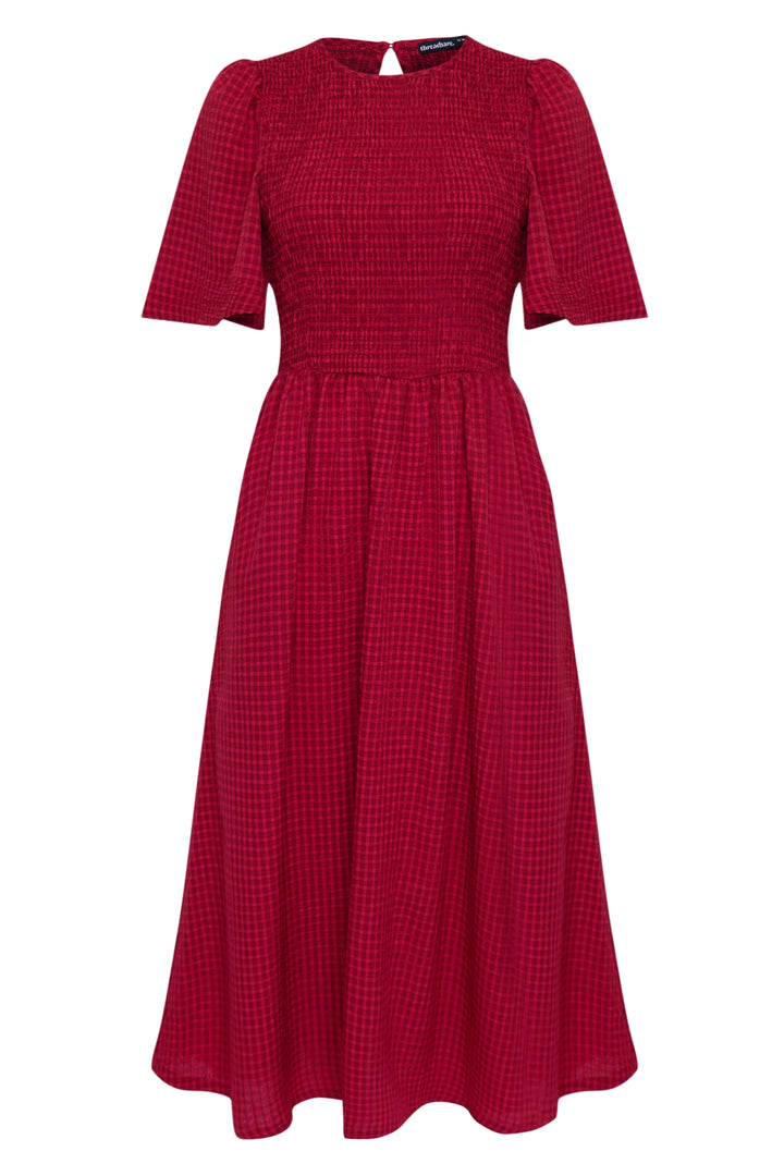 Threadbare Angel Sleeve Midaxi Dress in Red Gingham - flat lay