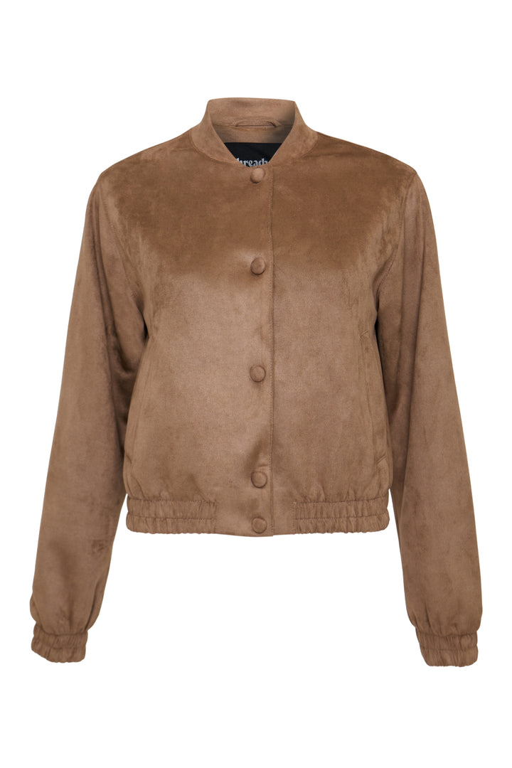 Threadbare Faux Suede Bomber Jacket in Taupe - flat lay