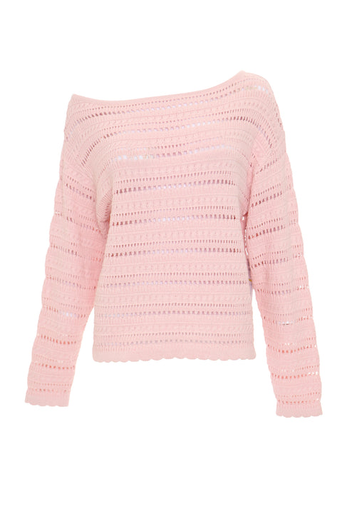 Threadbare Slash Neck Pointelle Knit Jumper in Pink - flat lay