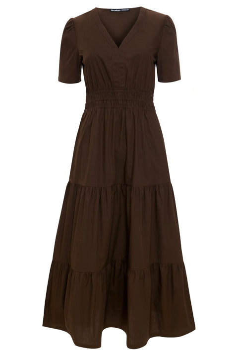 Threadbare Cotton Poplin Tiered Midaxi Dress in Chocolate Brown - flat lay
